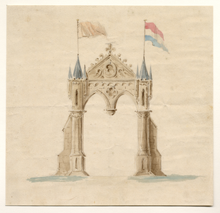32532 Afbeelding van een erepoort, op te richten voor het bezoek van kroonprins Willem aan Utrecht op 28 juni 1839.